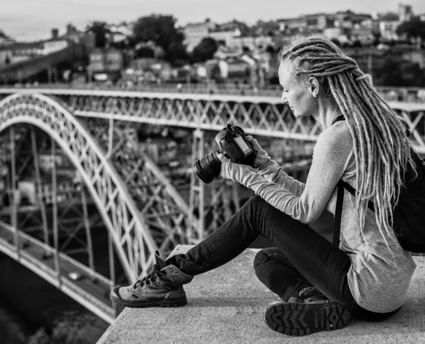 Woman Photographing Ribeira in Porto BNW